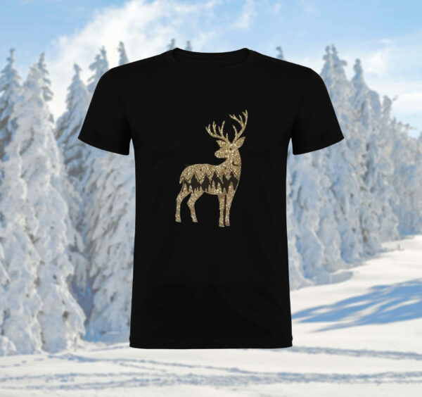 vêtement noir coton col rond animal cerf paillette or dore noël